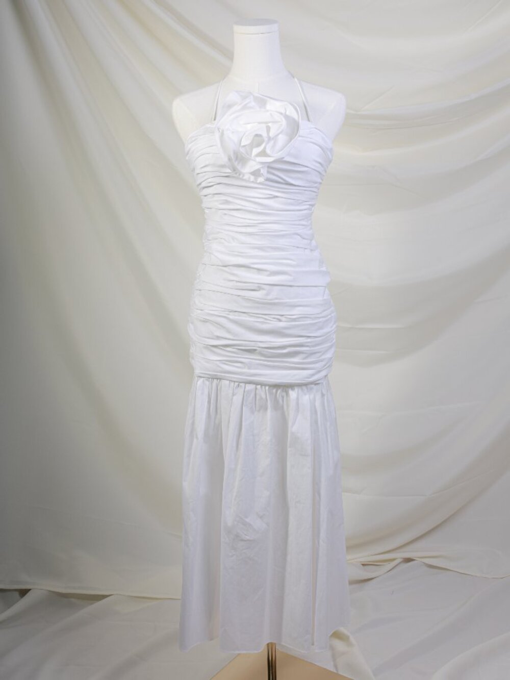 Carolina Herrera White Ruched Halter Mermaid Dress with Floral Detail